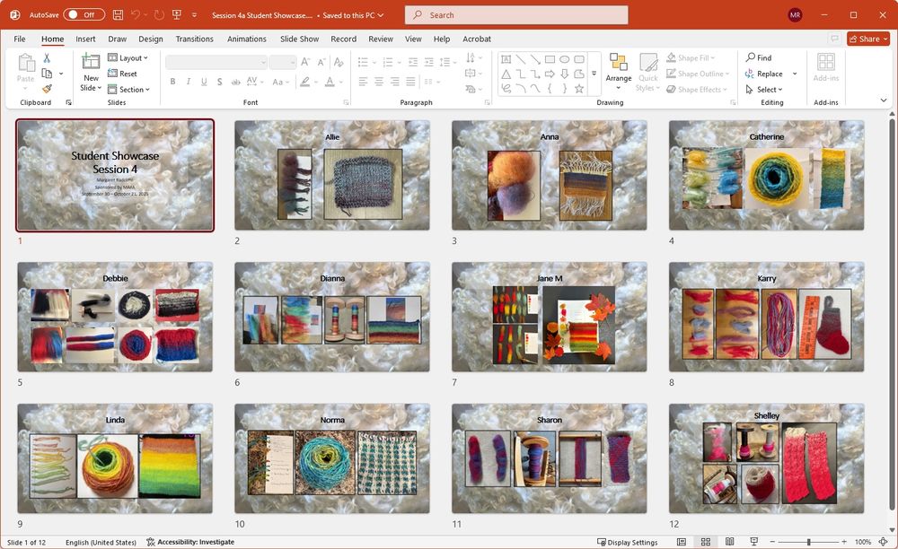 Screenshot of slides in a Powerpoint presentation showing color blending and gradient yarn samples of 11 students.