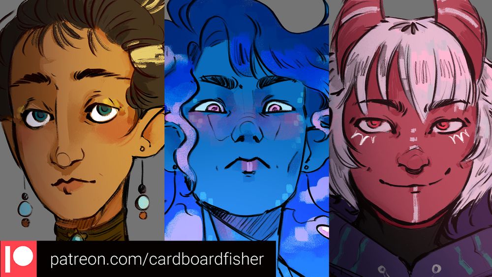 Advertisement of three TTRPG tokens for Patreon with a link on screen (patreon.com/cardboardfisher). 
Left to right, the three characters: a fancy looking lady with simple earring, brown hair in an updo, and gold makeup with a warm lit colour scheme. A stern woman with dark blue hair, blue skin, pink accents and eyes. And a mischievous pink tiefling with white hair and a smirk.