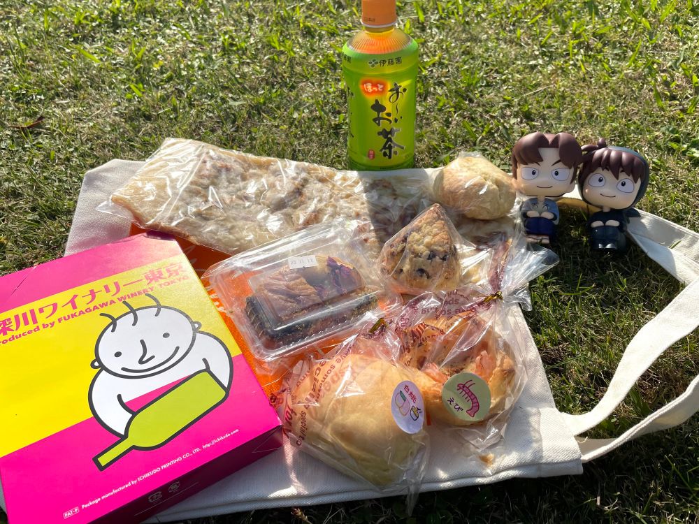 芝生の上に、マルシェで買ったものが並んでいる。深川ワイナリーのパックワイン、トルコのカリフラワー入ナン、バクラヴァ、白桃とカスタードのパン、海老のビスクのパン、ラムレーズンのスコーン、あんこ入スコーン。
そしてるかっぷの利土。