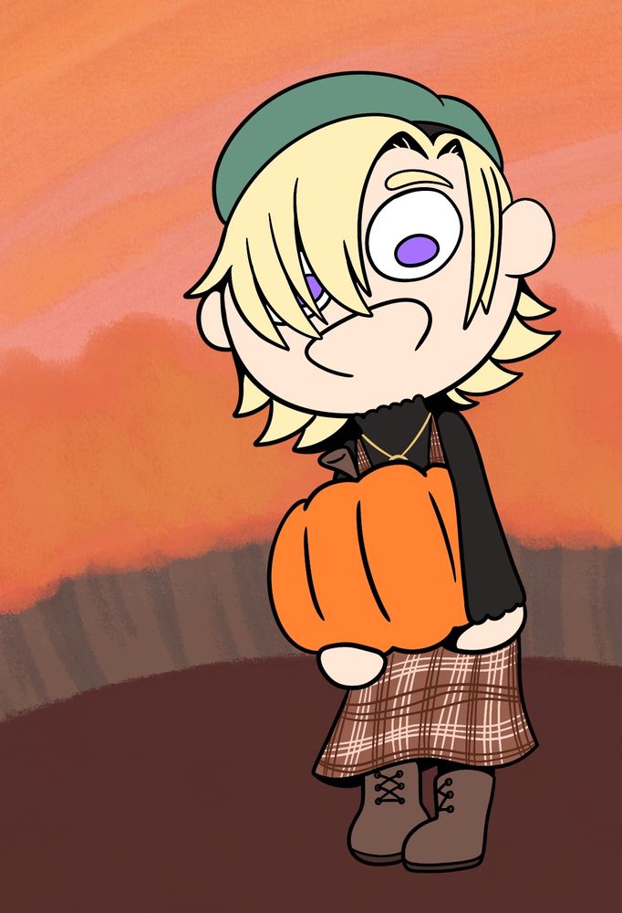An illustration of Love Live Nijigasaki character Mia Taylor holding a pumpkin. A colorful background of orange trees and a pink sky is the background