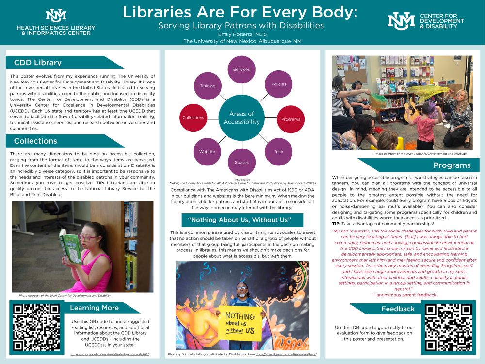 Poster from an in-person presentation at ALA Annual 2025 on library resources and accessibility from the University of New Mexico's Center for Development and Disability. Text heavy, so please contact OP for full transcript. 
