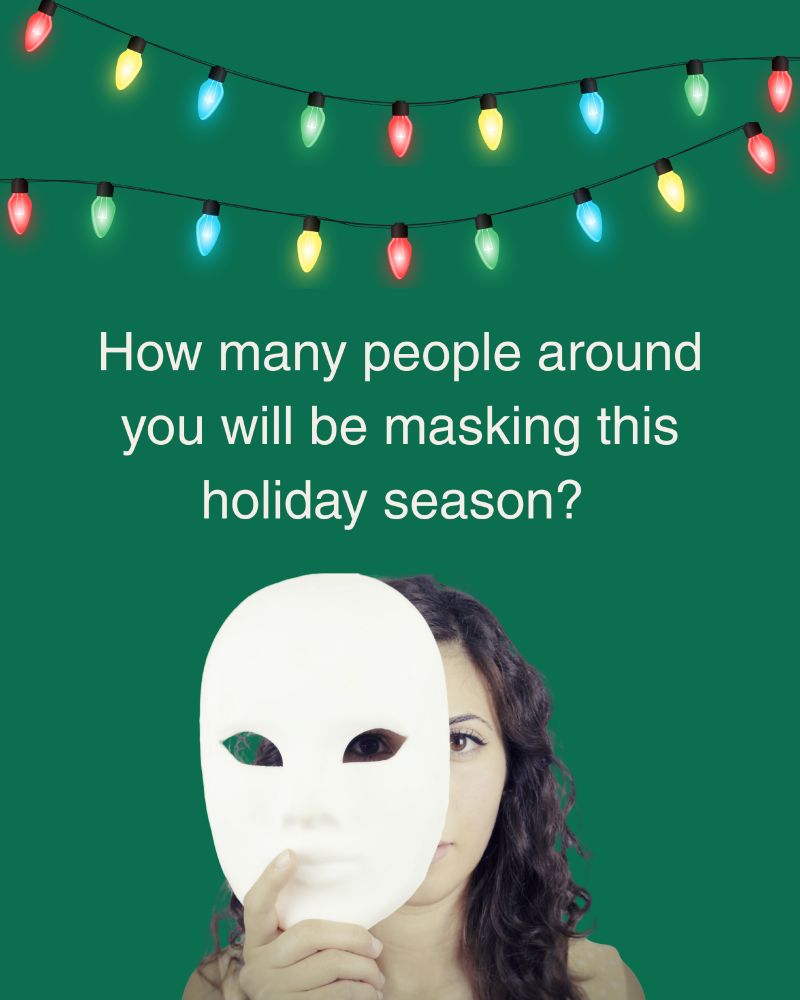 Image shows a woman who is hiding her face behind a mask. There are Christmas lights and text reads: "how many people around you will be masking this holiday season?"