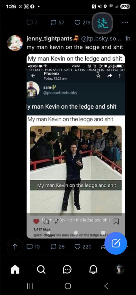 Screenshots of acreenshots of different platforms of the "my man kevin on the ledge and shit" meme where some guy is holding onto a ledge nonchalantly as he talks and people around him