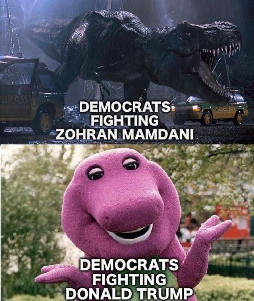 meme showing that Democrats attack Zohran Mamdani like a t-rex but attacked Donald Trump like Barney the Dinosaur