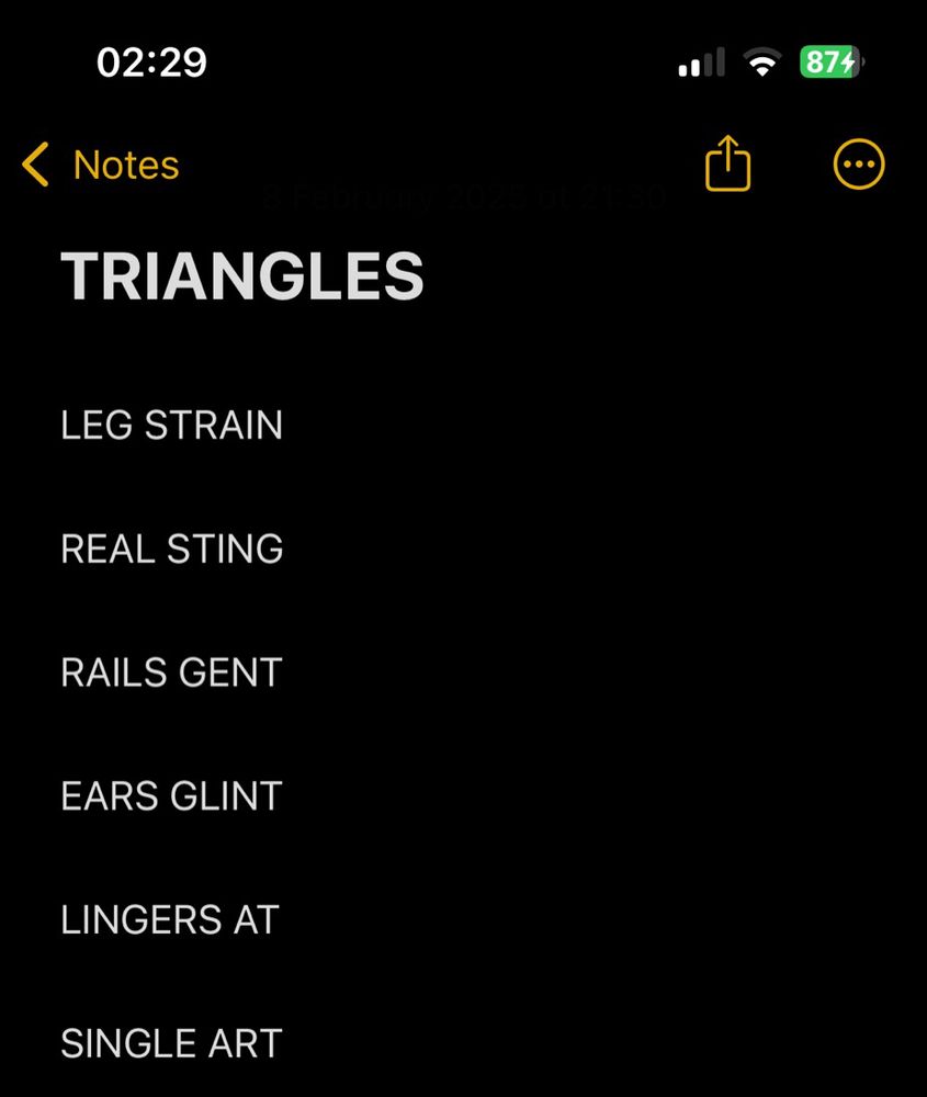 A screenshot of the ‘Notes’ app with the following text: 

TRIANGLES

LEG STRAIN

REAL STING

RAILS GENT

EARS GLINT

LINGERS AT

SINGLE ART