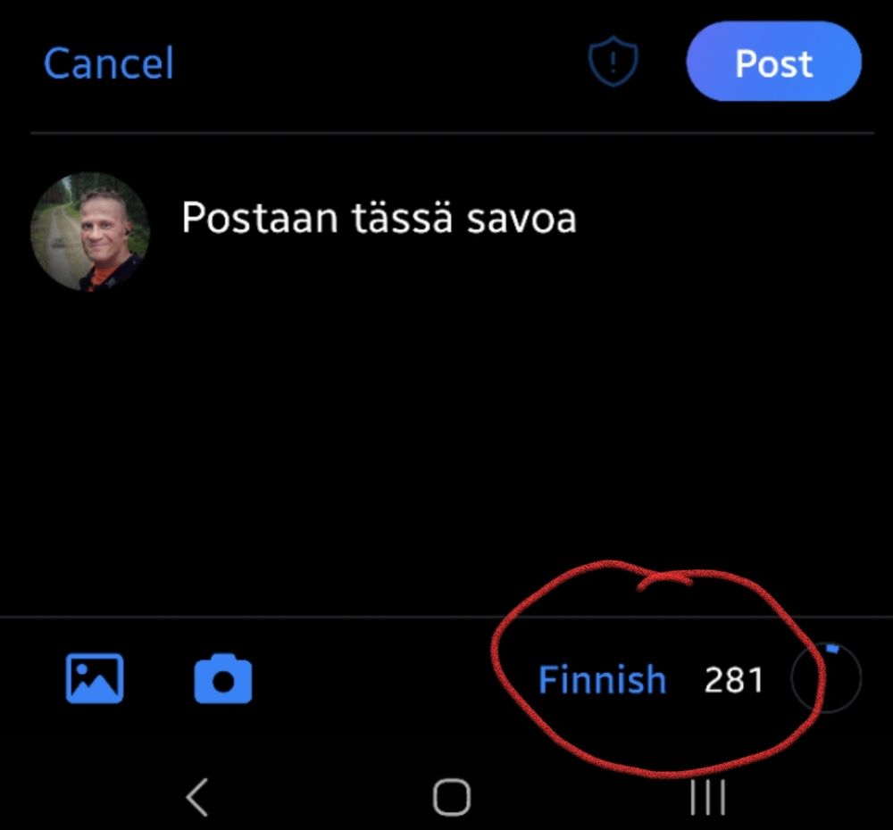 Kuvakaappaus postausruudusta, kieliasetus Finnish