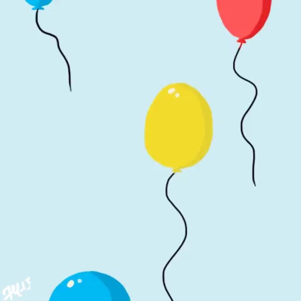 a blue yellow and red balloon are floating in the air against a blue background