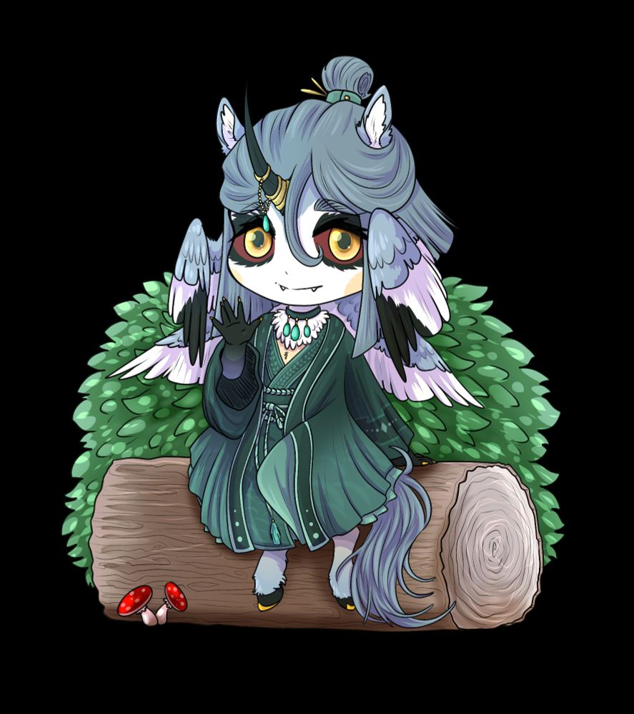 Fullbody chibi of Reverie, a unicorn creature with wings growing from the side of his head.
He is sitting on a fallen tree while in the background is a green bush. He waves at the viewer.