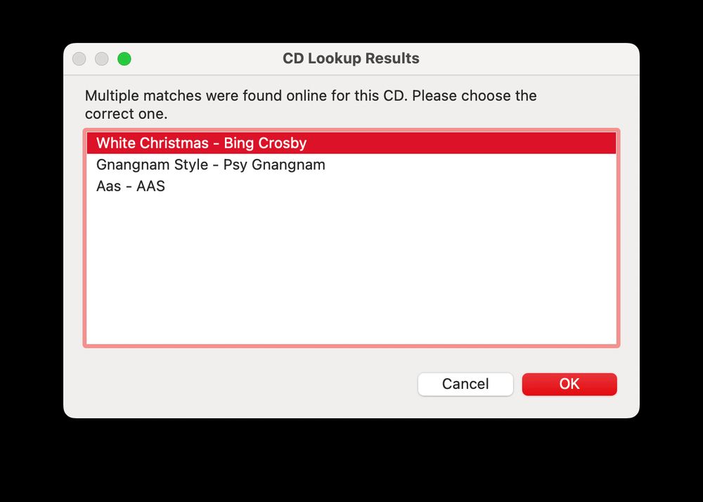 CD Lookup result with white christmas and gnangnam style.