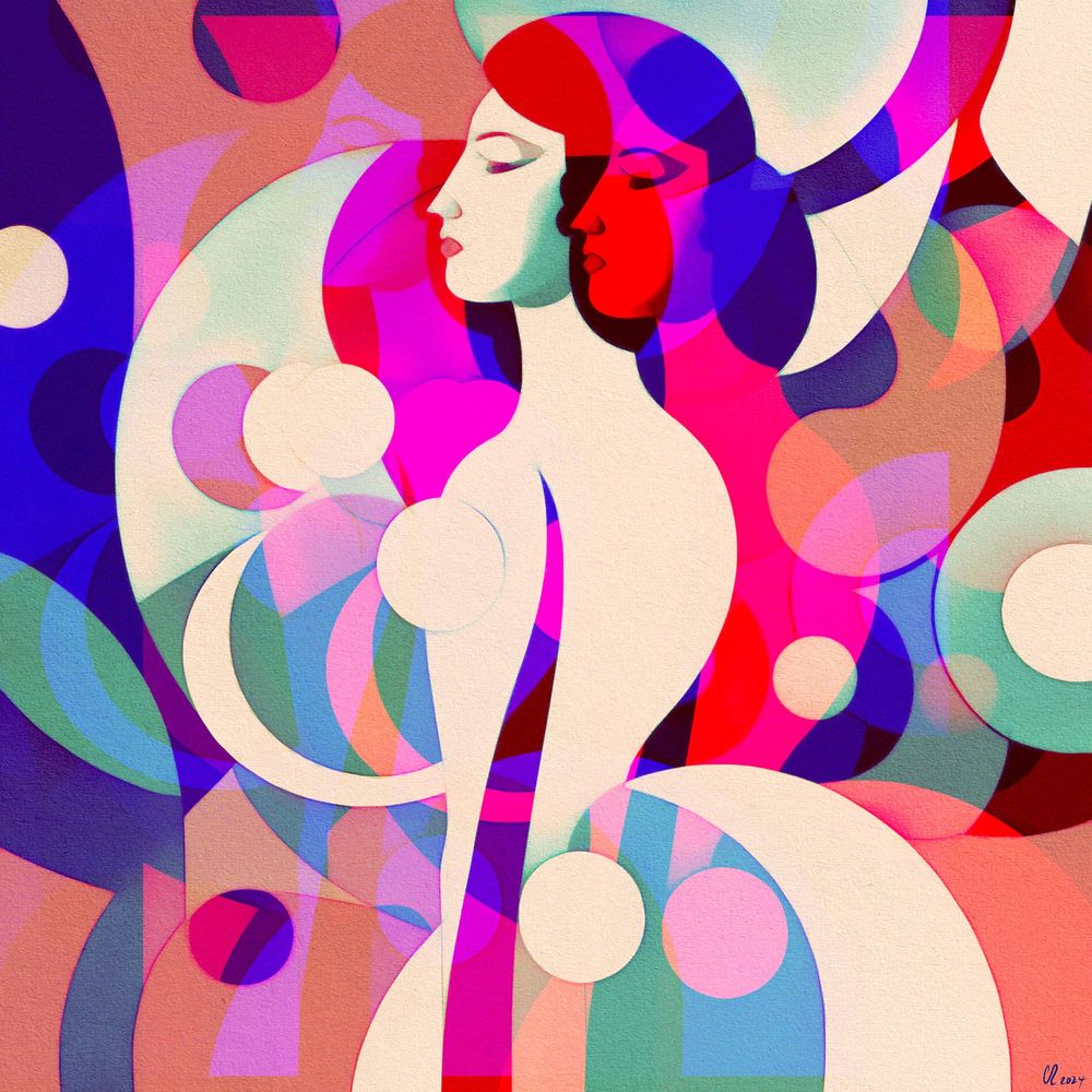 Abstract digital hand drawn art, cubism style, pastels, woman, digitally effected.fine art, circles, curves 