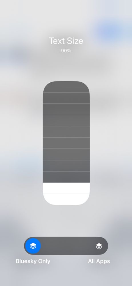 Screenshot of the Text Size Control Center widget on iOS. 'Bluesky Only' is selected, and the slider is set to 90%.