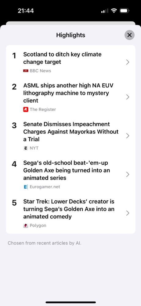 Screenshot of Herald on iOS in light mode. The screen's title is 'Highlights', and it displays a ranked list (1 to 5) of articles, showing a headline, feed name and feed icon for each.