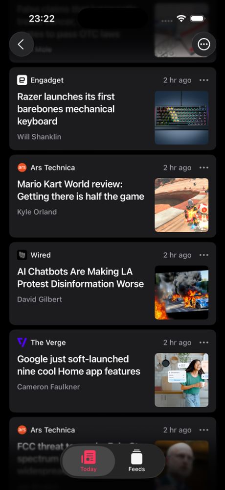 A screenshot of Herald, showing a list of technology articles (feed name, headline and thumbnail for each) in dark mode. Bottom tabs are 'Today' and 'Feeds'. The top toolbar has a back button on the far left and an options button on the far right.