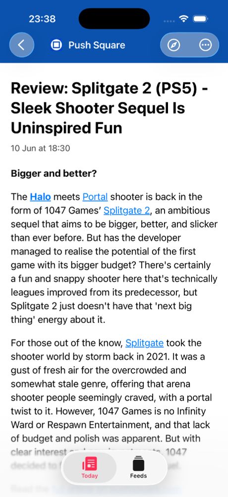 Screenshot of an article from Push Square shown in Herald's light mode. The top toolbar is tinted blue to match the feed, with a back button on the far left, and web browser as well as options buttons on the right. The tab bar appears at the bottom, with a progressively blurred gradient behind it.