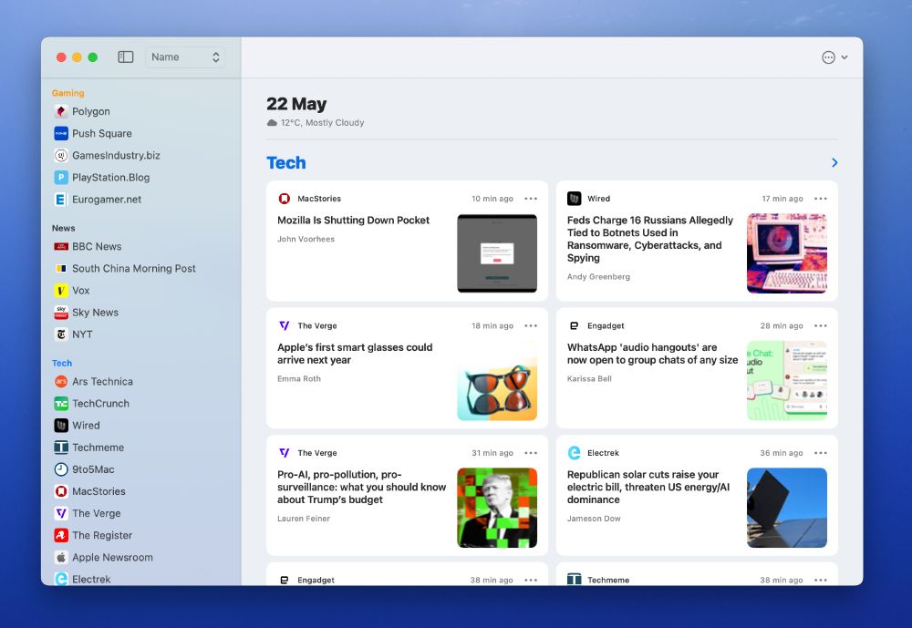 A screenshot of Herald's Mac app, with a sidebar of RSS feeds along the left, and article tiles with headlines and thumbnails filling the right 2/3 of the window.