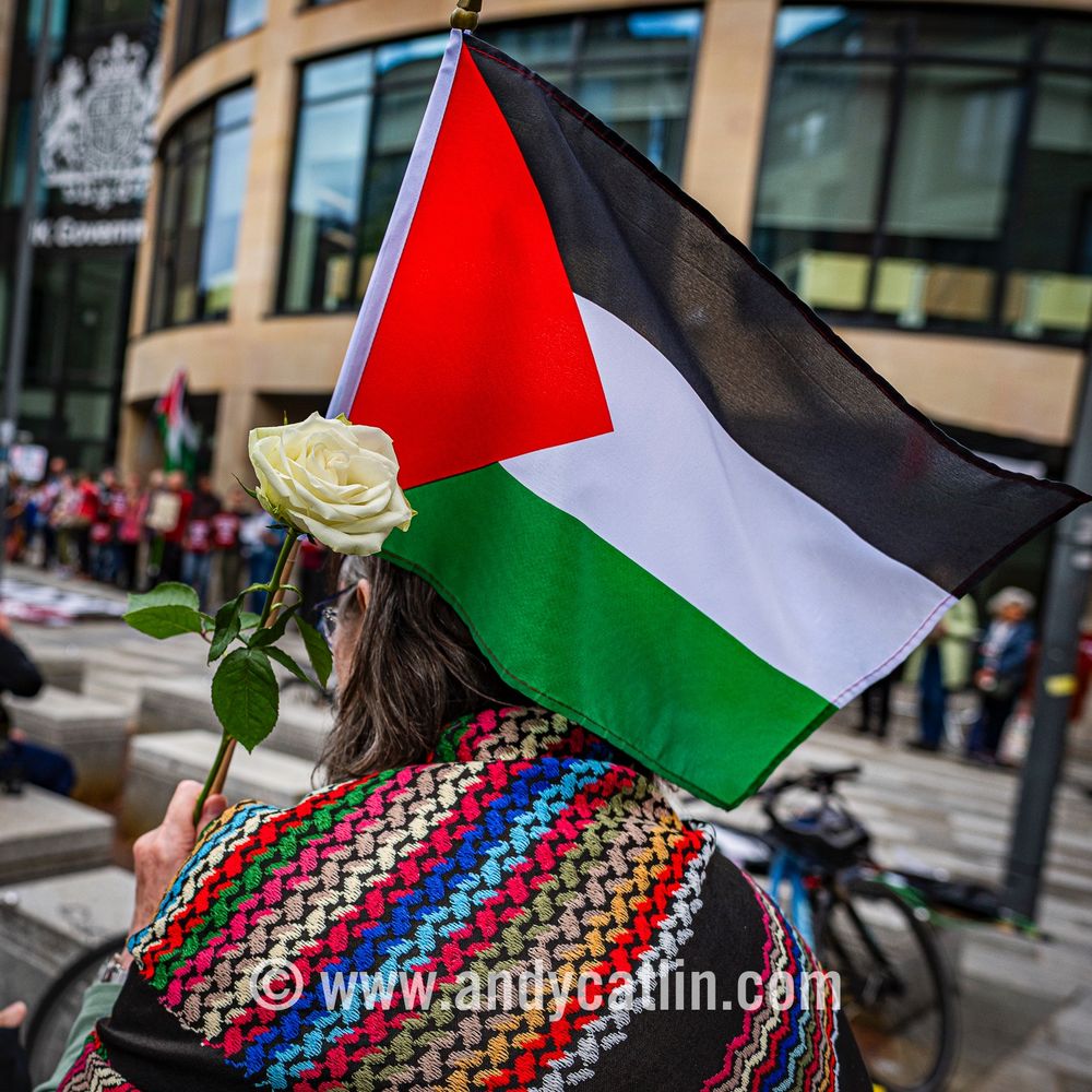 A protester at the Lift the Ban demonstration waving a Palestine flag and holding a white rose in front of a UK Government building 