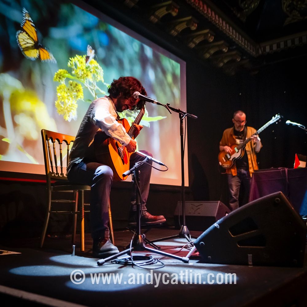 An acoustic guitarist and an electric bass guitarist playing onstage during a concert