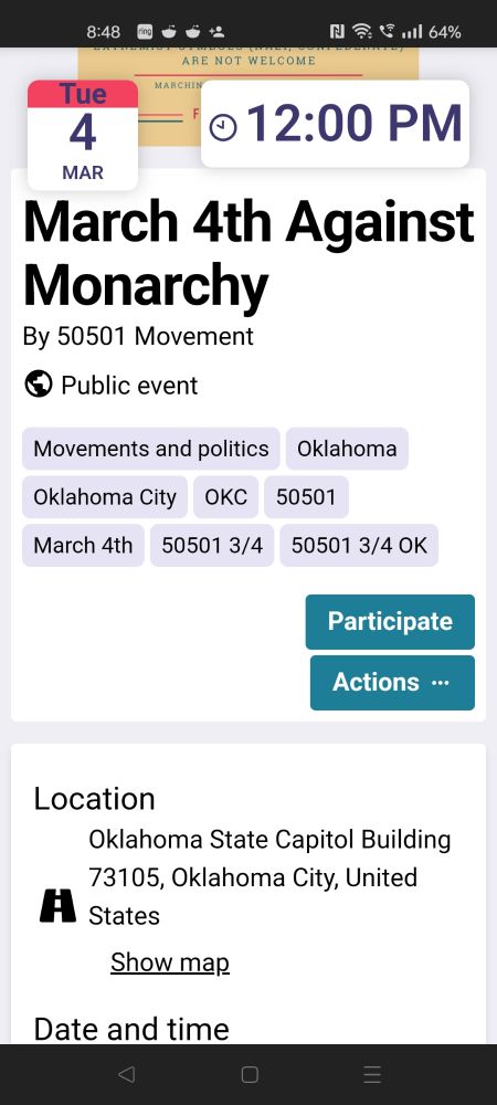 Screenshot of event posting for event: Noon on Tuesday 3/4 at the OK State Capitol. March starts at 1.