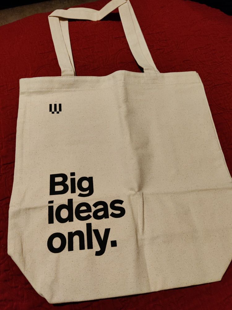 Tote bag from Wired magazine. Off-white with black lettering, company logo and catch phrase "Big ideas only." 