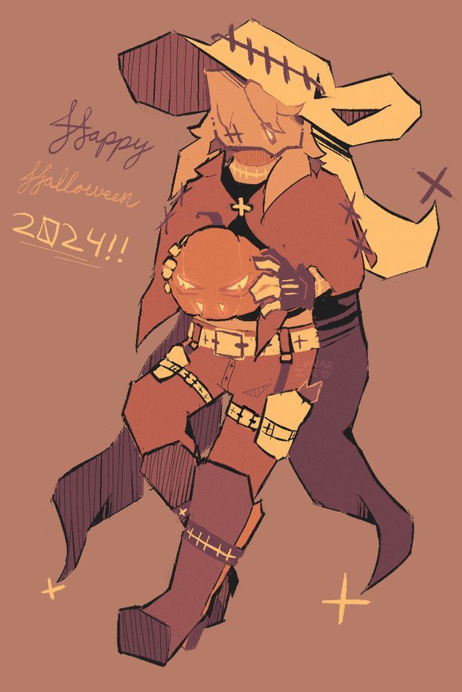 Halloween drawing of my Project Arrhythmia based original character who is a witch that can wield guns. He doesn't have a standard shape, but instead looks like a square with 2 cut off corners [on the lower left and upper right on his head] and has a triangle peeking out of the lower right to lower middle of his head. This is because he is a hybrid between a square and an octagon. He holds a pumpkin which face vaguely resembles another character of mine.