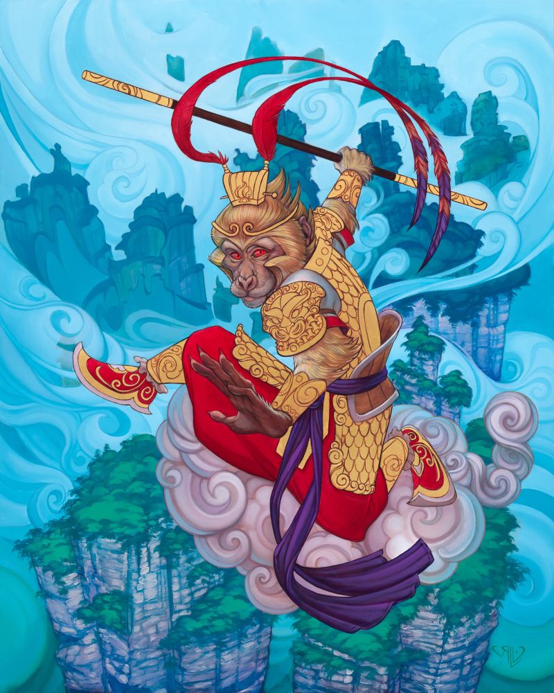 My painting of the Monkey King in oil and 24 karat gold leaf.  He goes by Sun Wukong or Hanuman too. :)