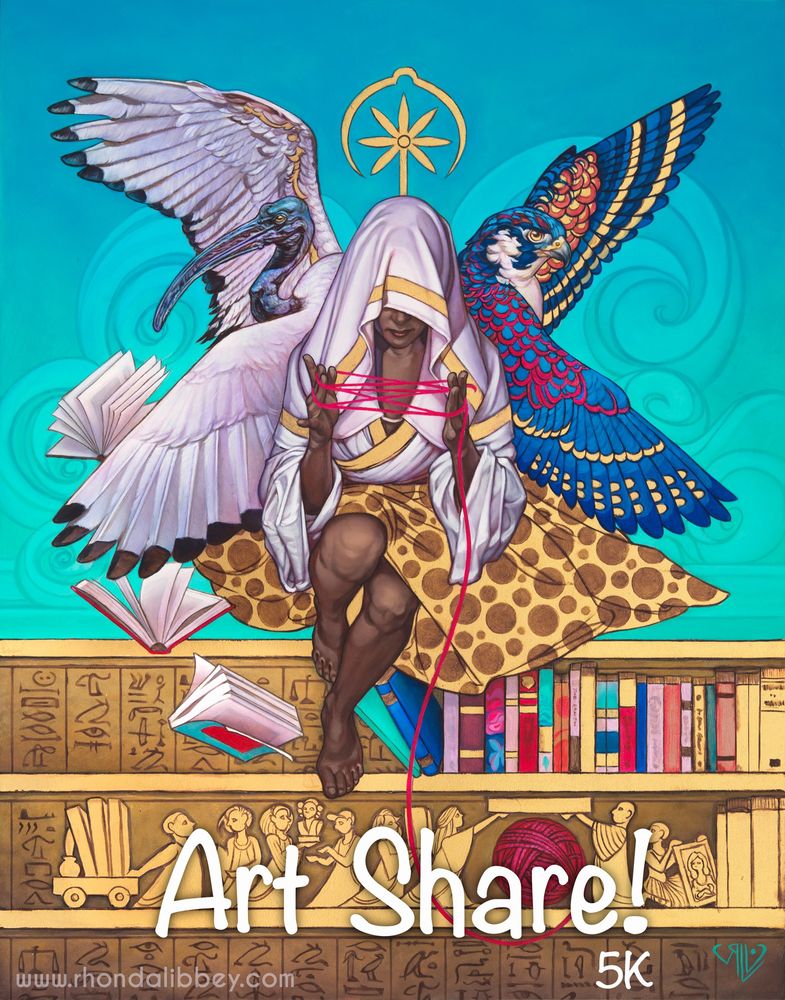 Egyptian goddess of libraries sits on top of a book shelf. She is flanked by the anthropomorphic versions of the gods Horus and Thoth. There are little people on the shelf under her moving books and works of art.
