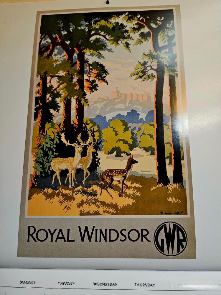 Calendar showing a picture of 'Royal Windsor'. The image shows woodland, deer & Windsor Castle in the background.