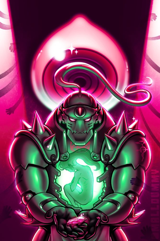 An illustration of Alphonse Elric from the series "Fullmetal Alchemist: Brotherhood". Alphonse [a suit of animated armor] stands at the center with his hands outstretched toward the viewer, palms facing up with a Philosopher's Stone atop them. His breastplate has been opened with Alchemy to expose a green, illuminated soul within. Behind him, the doors of Truth are open, a large eye forming a halo behind his head from within the darkness.
