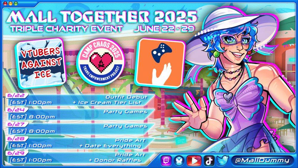 6/22 - 1pm EST: Outfit Debut + Ice Cream Tier List
6/24 - 8pm EST: Party Games
6/27 - 8pm EST: Party Games
6/28 - 1pm EST: Pride Art + Date Everything
6/29 - 1pm EST: Pride Art + Donor Raffles