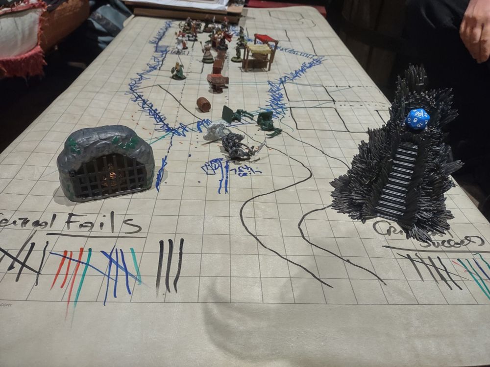 A small jail cell with a dice near a tally that reads "critical fails" across from a miniature throne made of blades from A Song of Ice and Fire near a tally thar reads "critical successes". A d20 sits in the jail amd another one sits on the throne. In the background is a  a game table with drawings of depicting walls on a map with miniatures scattered around.