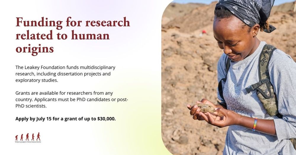 An image with text about applying for a Leakey Foundation research grant. A photo of a grantee in the field holding a fossil is on the right side of the graphic.