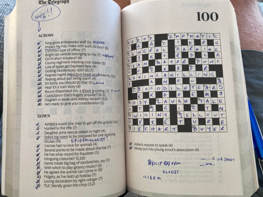 A photo of a laboriously completed crossword showing it only took 100 attempts to get inside the head of the crossword setter, and get every clue right without sneaking a look at the solution.
