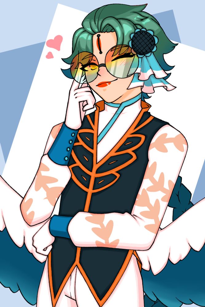 Q with teal hair, sunglasses, and wings posed confidently, wearing a stylish black and orange vest with white and blue accents. Pink heart symbols appear near their head.