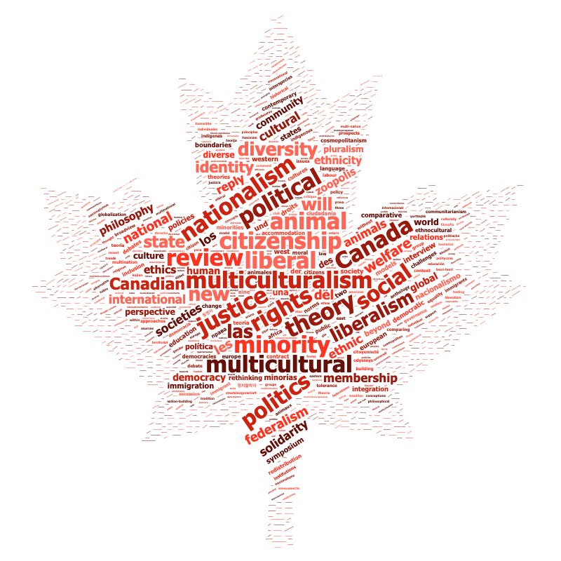 A word cloud in the shape of a Maple Leaf. Some of the largest words include multiculturalism rights liberal citizenship minority political multicultural justice theory animal review Canada nationalism politics social new diversity las liberalism will Canadian state identity welfare del federalism les national animals cultural