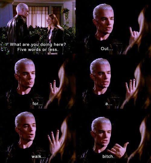 Buffy (icon Sarah Michelle Gellar) asks Spike (James Marsters): “what are you doing here? Five words or less”.

He replies: “out. For. A. Walk. …bitch”.

Buffy, the Vampire Slayer, S05E05 “No Place Like Home”