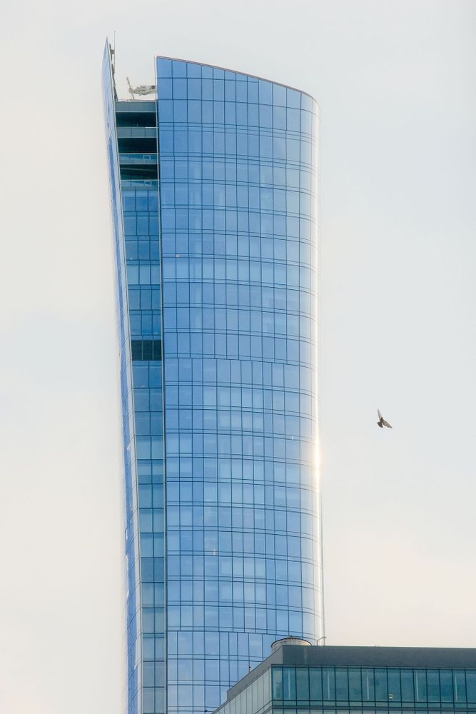 A modern blue glass skyscraper with a curved top stands against the sky, with a bird flying nearby in Tribeca, Manhattan, New York.