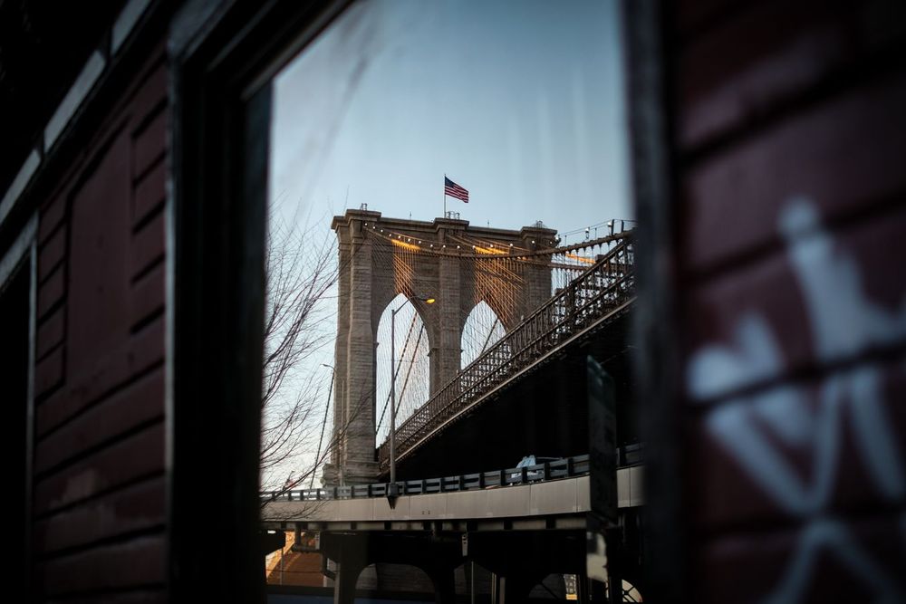 Reflection of the Brooklyn Bridge, Two Bridges, Manhattan, New York