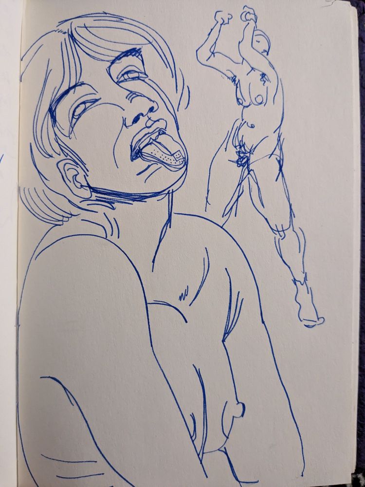 Two figures on a blank page; one is depicted from the bust up, leaning their head slightly back, their tongue poked out and eyes vacantly staring upwards. They have a bowl cut and defined eyebrows. The second figure is smaller in the background, partially obscured by the bust; they are reaching upwards, as though lamenting- or dancing. Both figures are nude.
