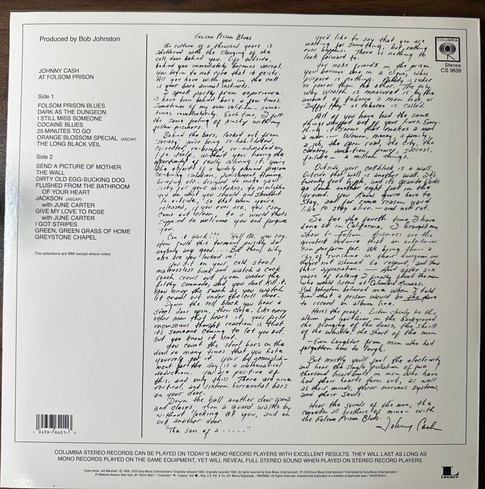 The back of the album showing the track list to the left and what side each song is on and the majority of the back is taken up by a letter written by Cash talking about this album and why he performed at Folsom