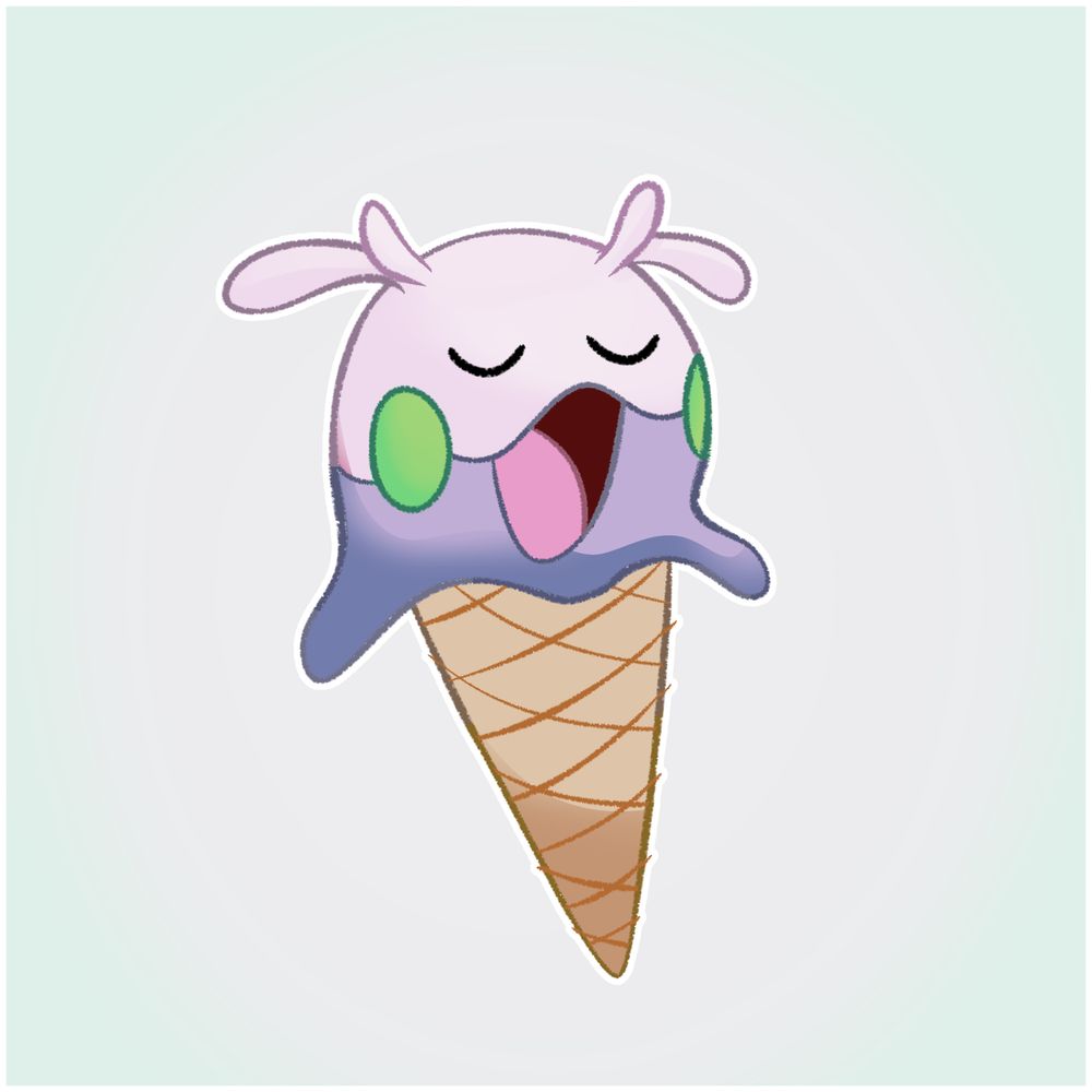 A small, slimy dragon-like Pokemon relaxing on top of an ice cream cone