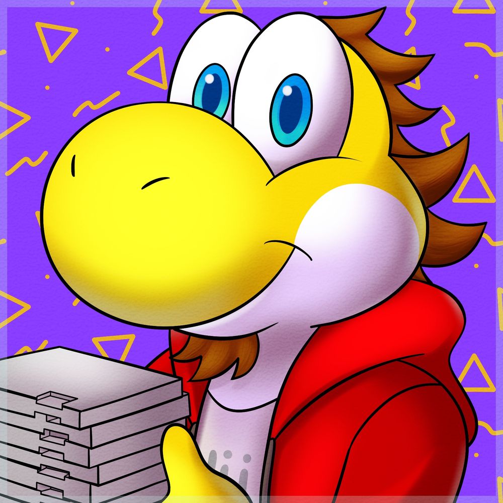 A yellow Yoshi wearing a red hoodie and gray T-shirt holding a stack of NES cartridges