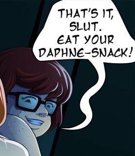 Velma encourages Daphne (off screen) to eat her Daphne snack (Velma’s cookie, also off screen)