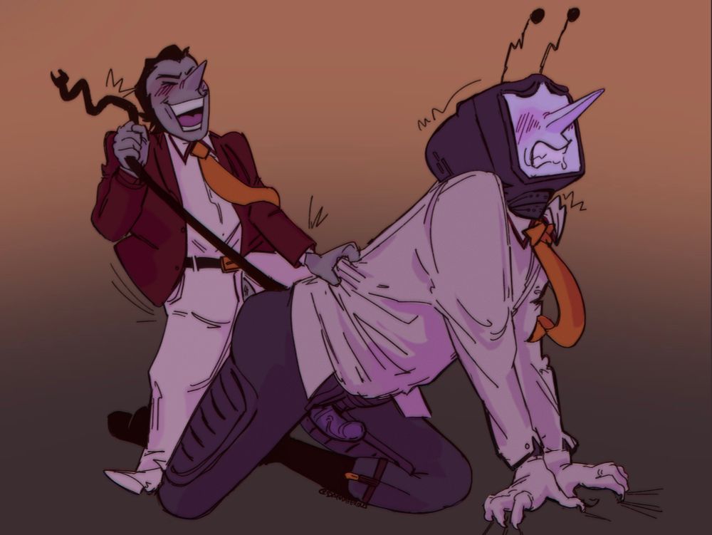 Spamton and tenna from deltarune fucking Doggystyle on the ground. Tenna is arching and spamton is yanking his cord tail and laughing while mounting his back with one knee. 