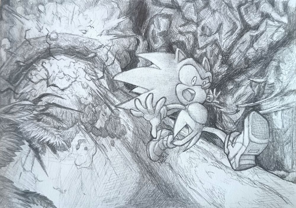 Drawing of Sonic, airborne, escaping the Green Forest as it blows up behind him.