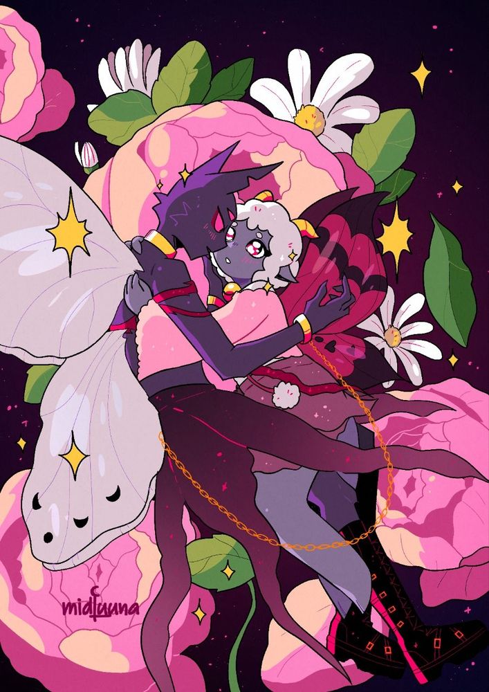 Digital illustration of the Narilamb from my fairy AU. They are hugging and flying in the sky dull of peopnies while they stare at each other, so close it looks like they're going to kiss.