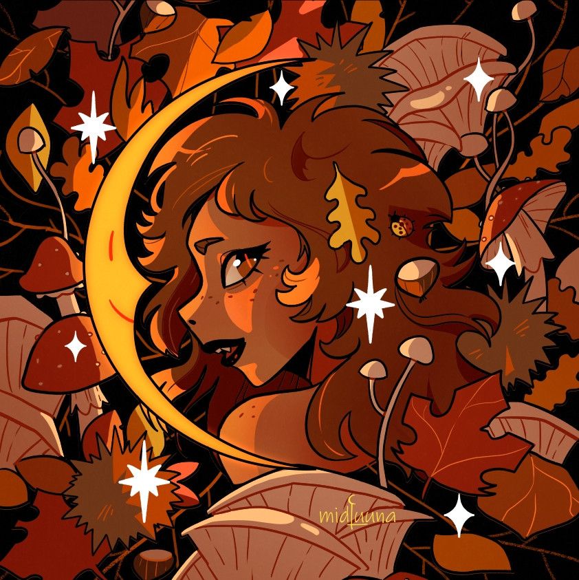 Autumnal composition with a woman with copper brown hair and freckles and a smiling moon in the center