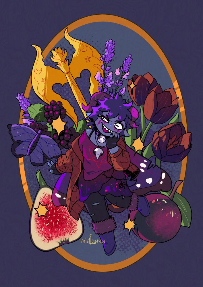 The Goat from cult of the lamb is portrayed in this illustration as a modern sheep fairy having big purple butterfly wings and wearing grunge fairycore clothes. Around them there are natural elements like lavender, tulips, a fig, a prune and a golden axe. There are also sparkles and the whole illustration is enclosed in a eliptic vertical shape. The main color is purple.