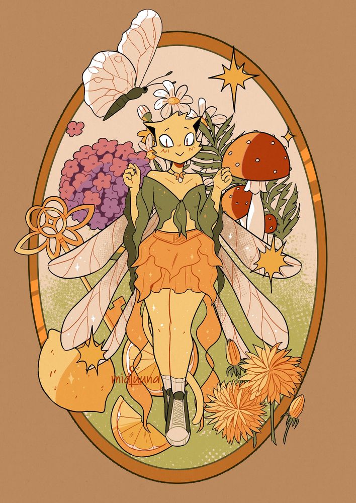A yellow, anthropomorphic cat, is portrayed as a fairy having dragonfly wings and wearing fairycore clothes aside the green sneakers with white socks. Around her there are elements like a white butterfly, amanita mushrooms, lemons, a golden key shaped like a butterfly, a hydrangea, daisies and dandelions. There are also sparkles and the whole illustration is enclosed in a eliptic vertical shape. The colors are warm and sunny, the main hues are orangy yellow and a warm green.
A yellow, anthropomorphic cat, is portrayed as a fairy having dragonfly wings and wearing fairycore clothes aside the green sneakers with white socks. Around her there are elements like a white butterfly, amanita mushrooms, lemons, a golden key shaped like a butterfly, a hydrangea, daisies and dandelions. There are also sparkles and the whole illustration is enclosed in a eliptic vertical shape. The colors are warm and sunny, the main hues are orangy yellow and a warm green.
