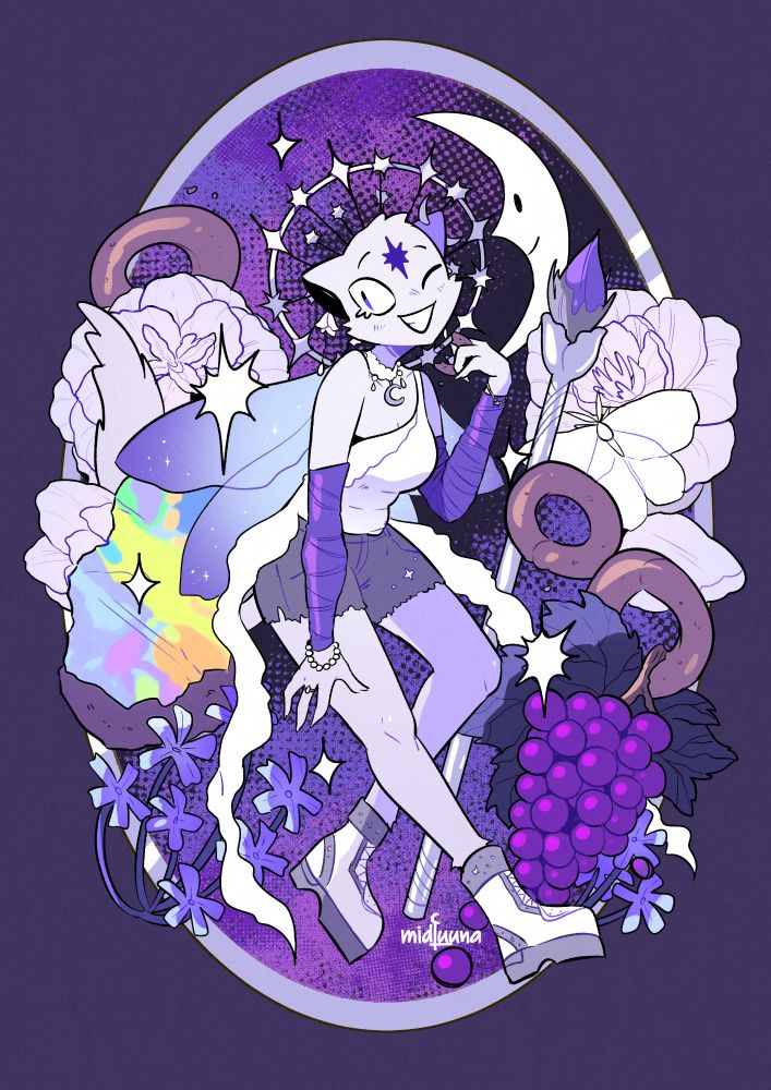 Floral composition featuring my cat sona as a fairy wearing grey shorts and a frilly white topwear. The main color is purple and the figure is surrounded by: a raw piece of fire opal, periwinkle, grape, white peonies, a butterfly, wine donuts (ciambellone al vino) and a fancy brush for art. My sona is smiling and winking at you!