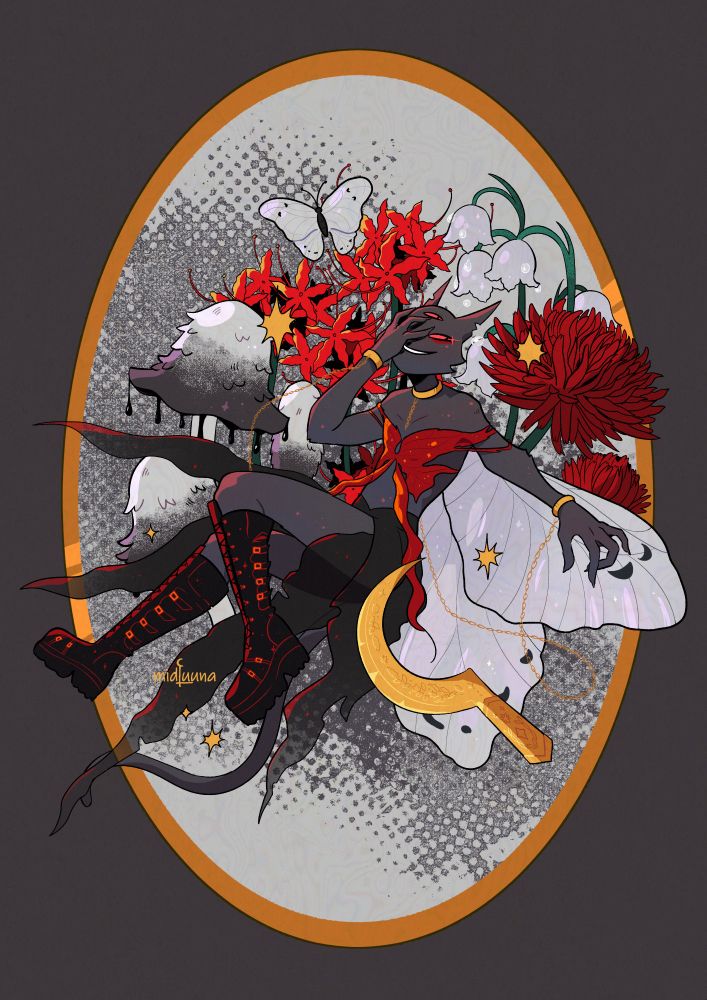 Digital illustration featuring Narinder as a fairy. He covers his face while smiling evilly and he has golden chains in his bracelet and choker and he wears a red fairy top and a black, transparent long skirt, along with black leathered combat boots. He has ghost morpho butterfly wings and red make-up under his eyelids. He is surrounded by natural elements such as inky caps mushrooms, a butterfly, red chrysanthemus and spider lilies, along with lilies of the valley and a golden sickle. And sparkles, of course.
The whole illustration is enclosed in a golden elliptic shape.
Digital illustration featuring Narinder as a fairy. He covers his face while smiling evilly and he has golden chains in his bracelet and choker and he wears a red fairy top and a black, transparent long skirt, along with black leathered combat boots. He has ghost morpho butterfly wings and red make-up under his eyelids. He is surrounded by natural elements such as inky caps mushrooms, a butterfly, red chrysanthemus and spider lilies, along with lilies of the valley and a golden sickle. And sparkles, of course.
The whole illustration is enclosed in a golden elliptic shape.